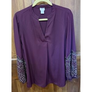 Chicos Plum Boysenberry V Neck Beaded Sleeve Tunic Top Size 1